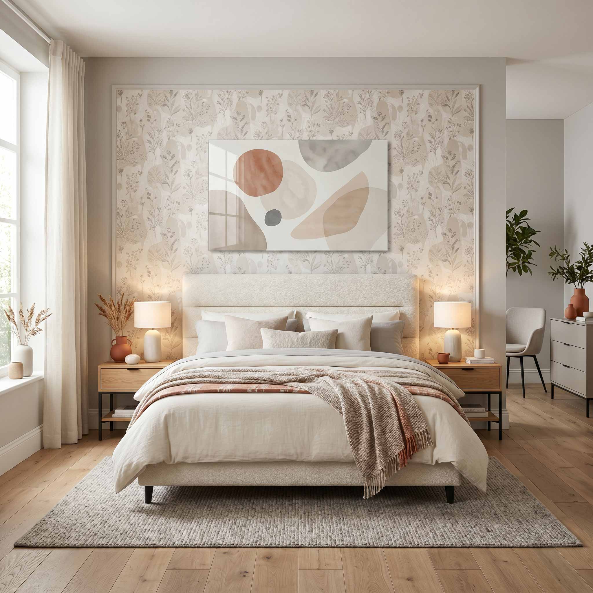 Визия на спалня със стъклена картина и тапет от J Point Home